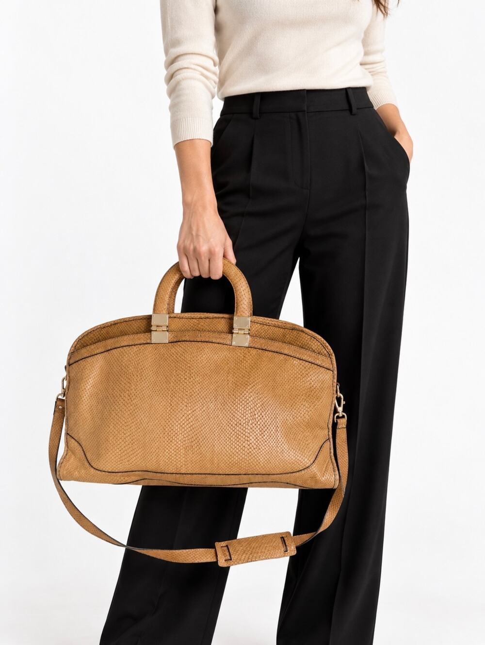 Vince Camuto VC Signature Anna Large Satchel Camel Snake Embossed Leather NWT